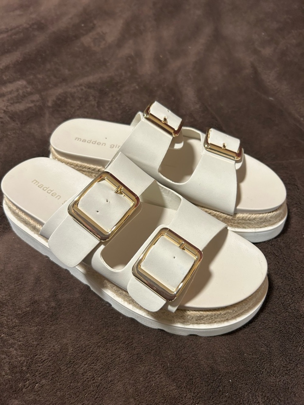 Madden Girl White Dual-Buckle Espadrille Slide Sandals with Gold Buckles